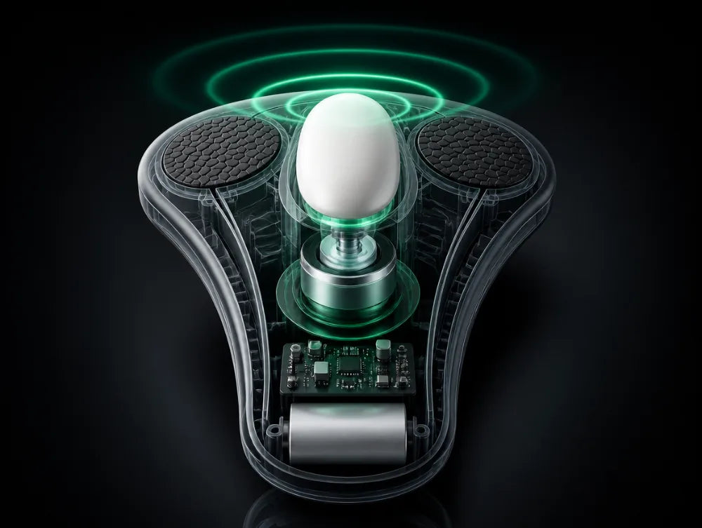 Cutaway render of the VelaX device: a translucent shell revealing the vibration motor beneath the white dome, the control board and the battery, with emerald waves rising from the dome