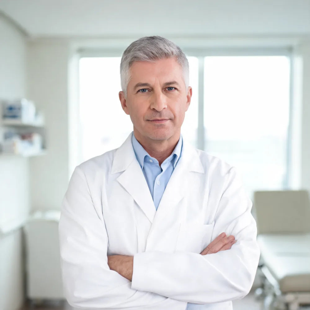 A doctor in a white coat standing in a consulting room