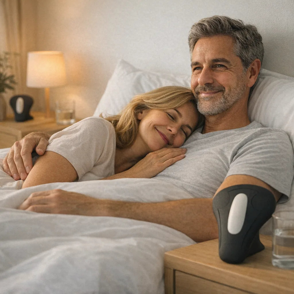 A couple resting together in bed, the device on the nightstand