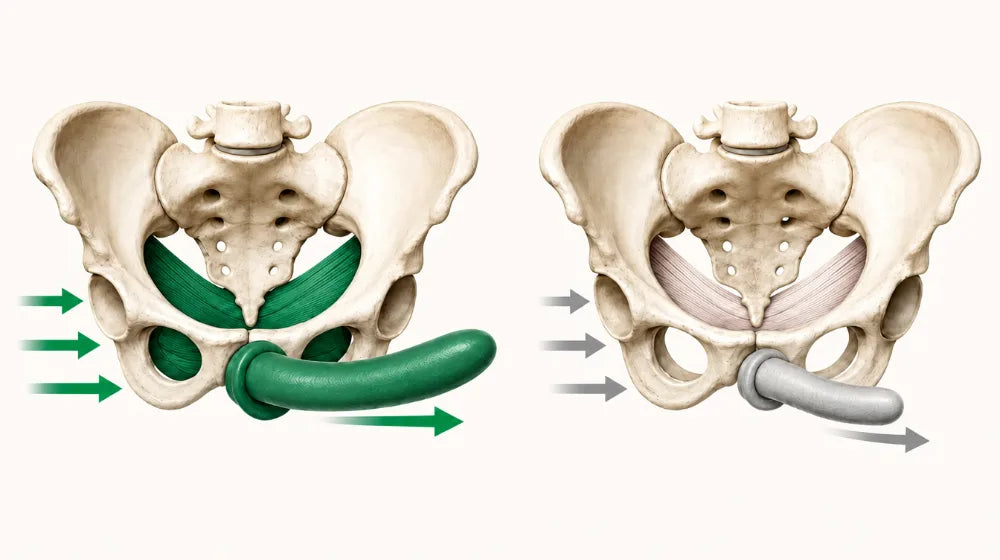 Two pelvic skeletons side by side: on the left a thick emerald pelvic floor sling with a fully engorged shaft and strong inflow arrows, on the right a thin slack grey sling with a flaccid shaft and weak arrows draining away