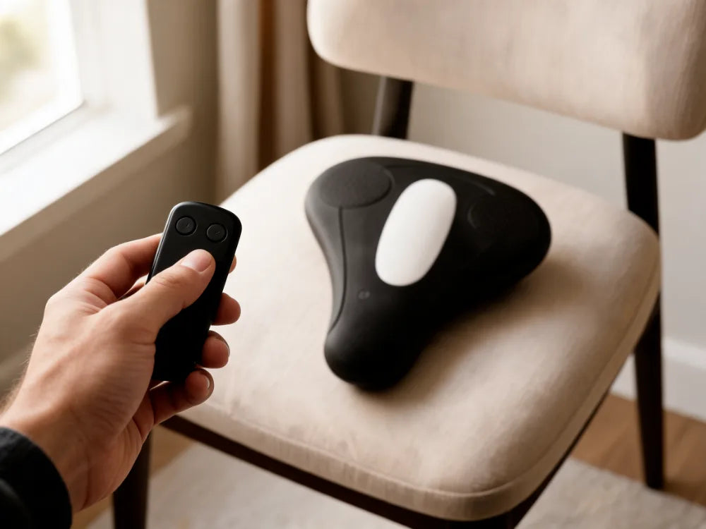 A hand holding the two-button remote, the device on the chair seat behind
