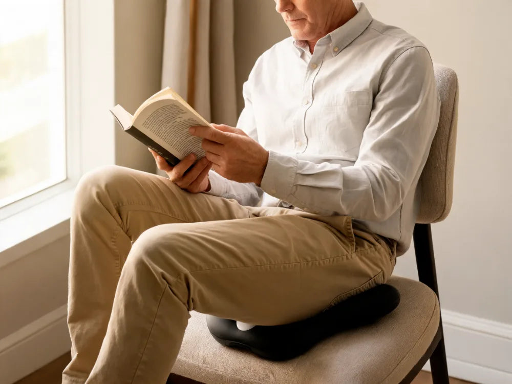 A man sitting in the same chair reading, the device beneath him on the cushion