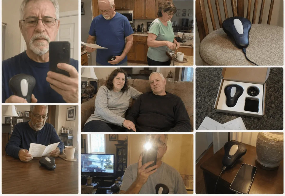 Photographs sent in by customers: the device on kitchen chairs, on bedside tables, and still in its box