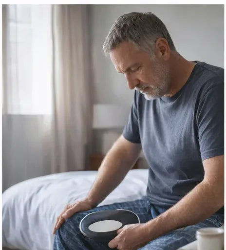 A man sitting on the edge of his bed in the morning, holding the device