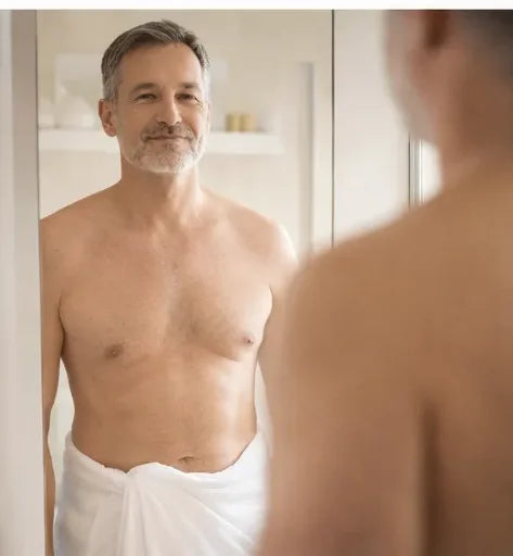 A man looking at himself in the bathroom mirror, standing straighter