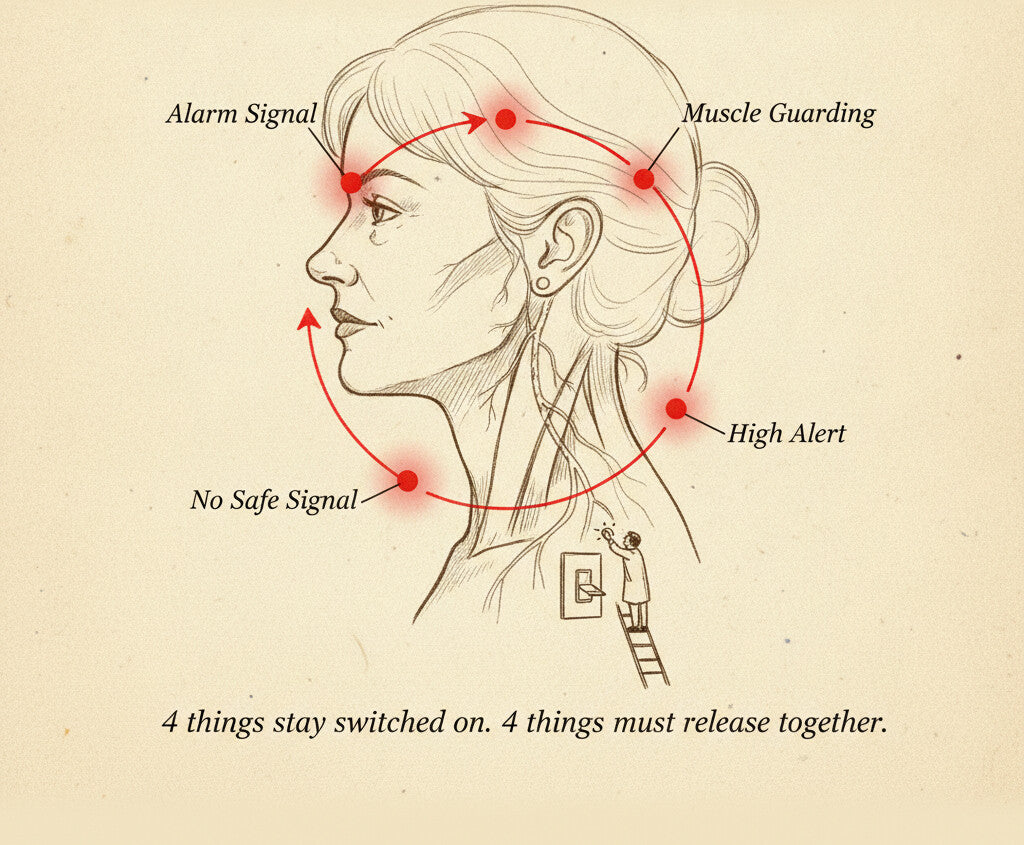 Hand-drawn anatomical illustration of a woman's head and neck with four red points — Alarm Signal, Muscle Guarding, High Alert, No Safe Signal — connected in a red loop, and a tiny figure straining to flip an off-switch at the base of the neck