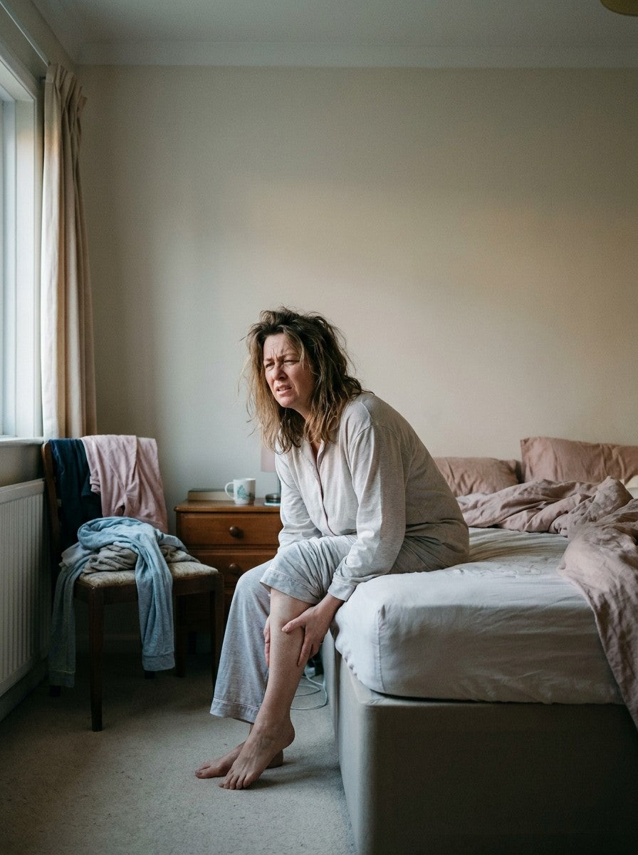 Tired woman sitting at bedside holding her calf