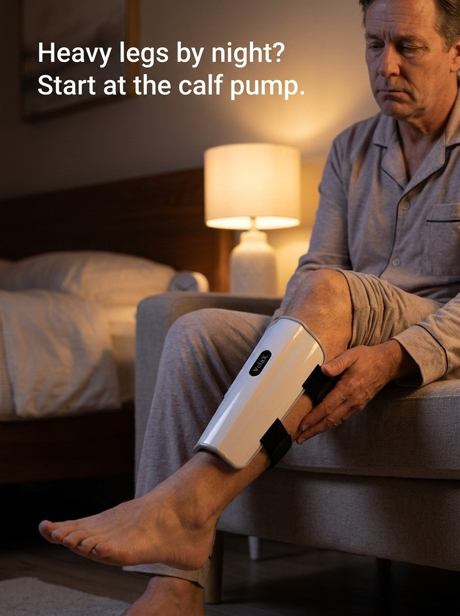 Person sitting at bedside at night with tired heavy legs
