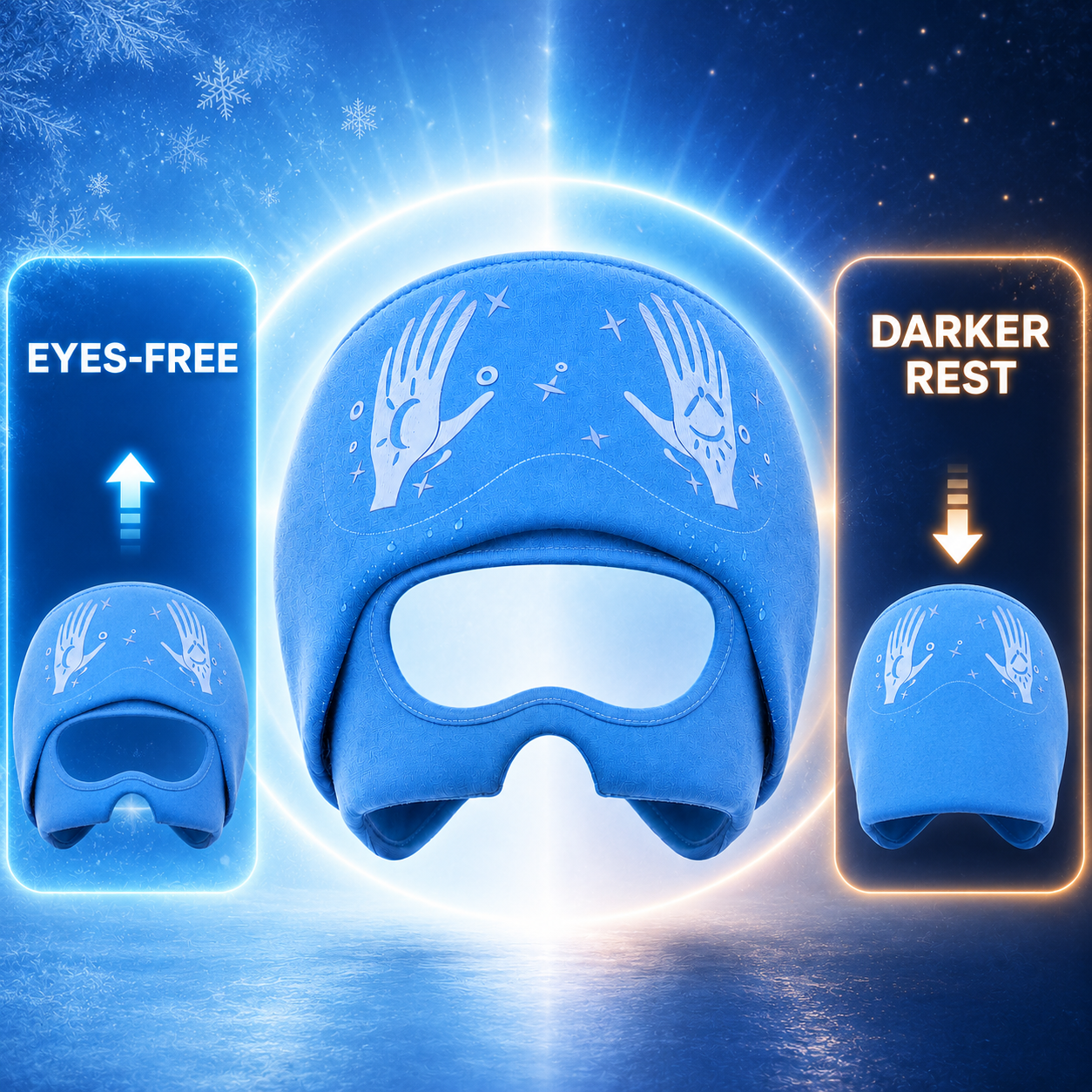 VelaX brandkit visual showing adjustable eye coverage and darker rest state