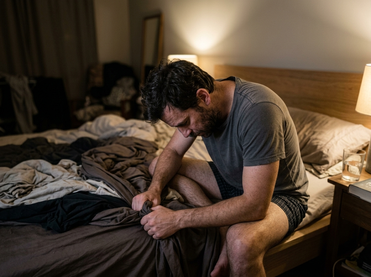 Frustrated man sitting on the edge of the bed at night