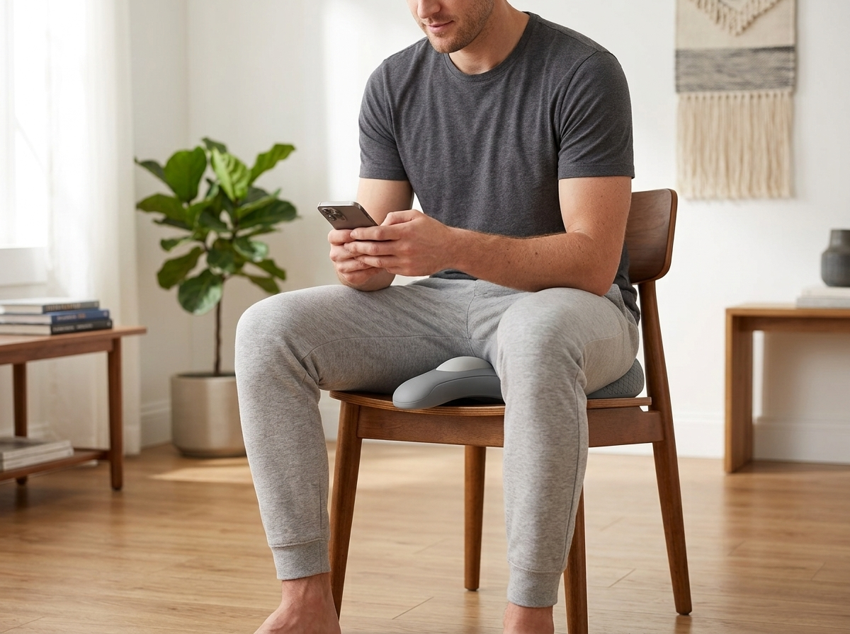 Man sitting on the WoodRise™ cushion on a chair at home