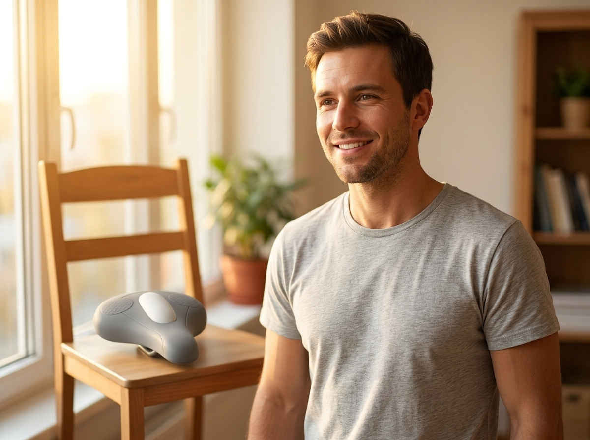 Confident, relaxed man in morning light at home