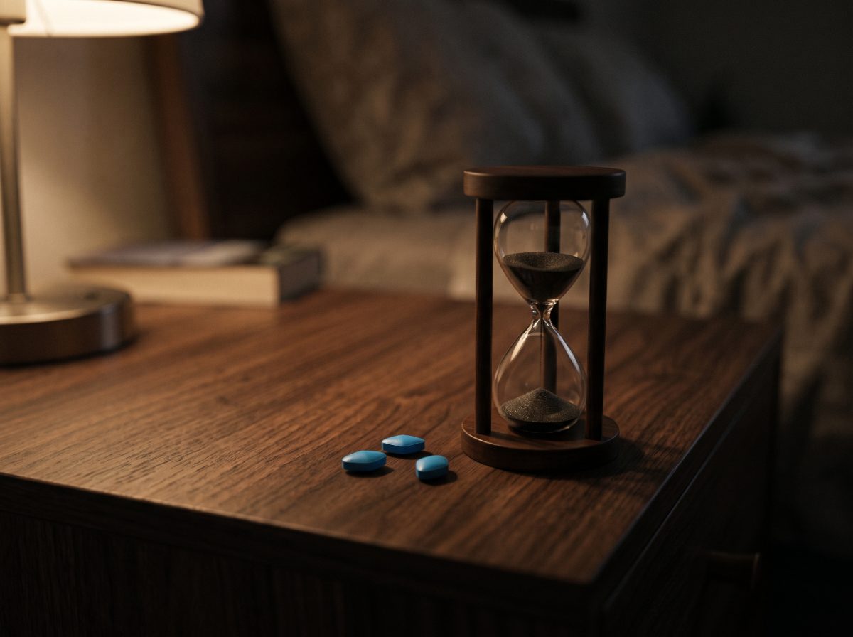 Blue pills beside an hourglass running out on a dark nightstand