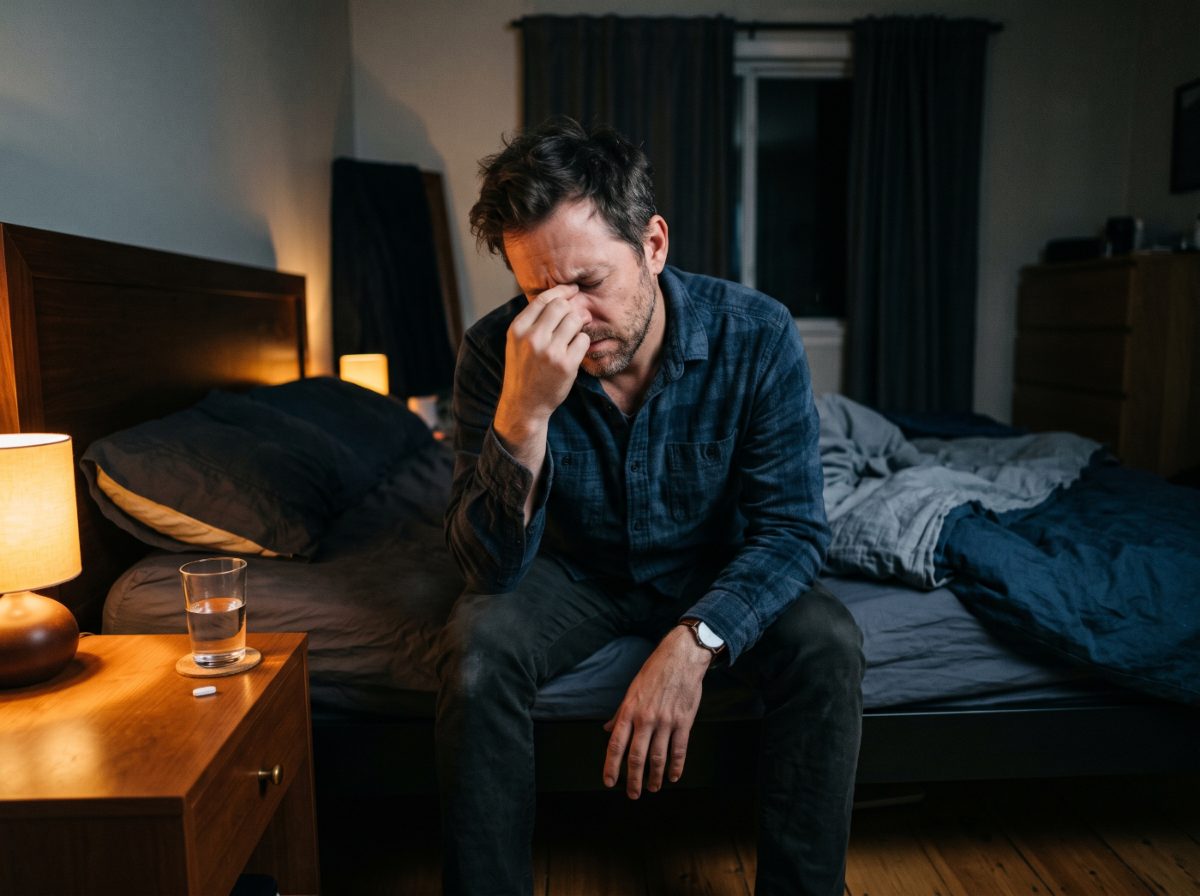 Man sitting on the edge of the bed at night rubbing his temples