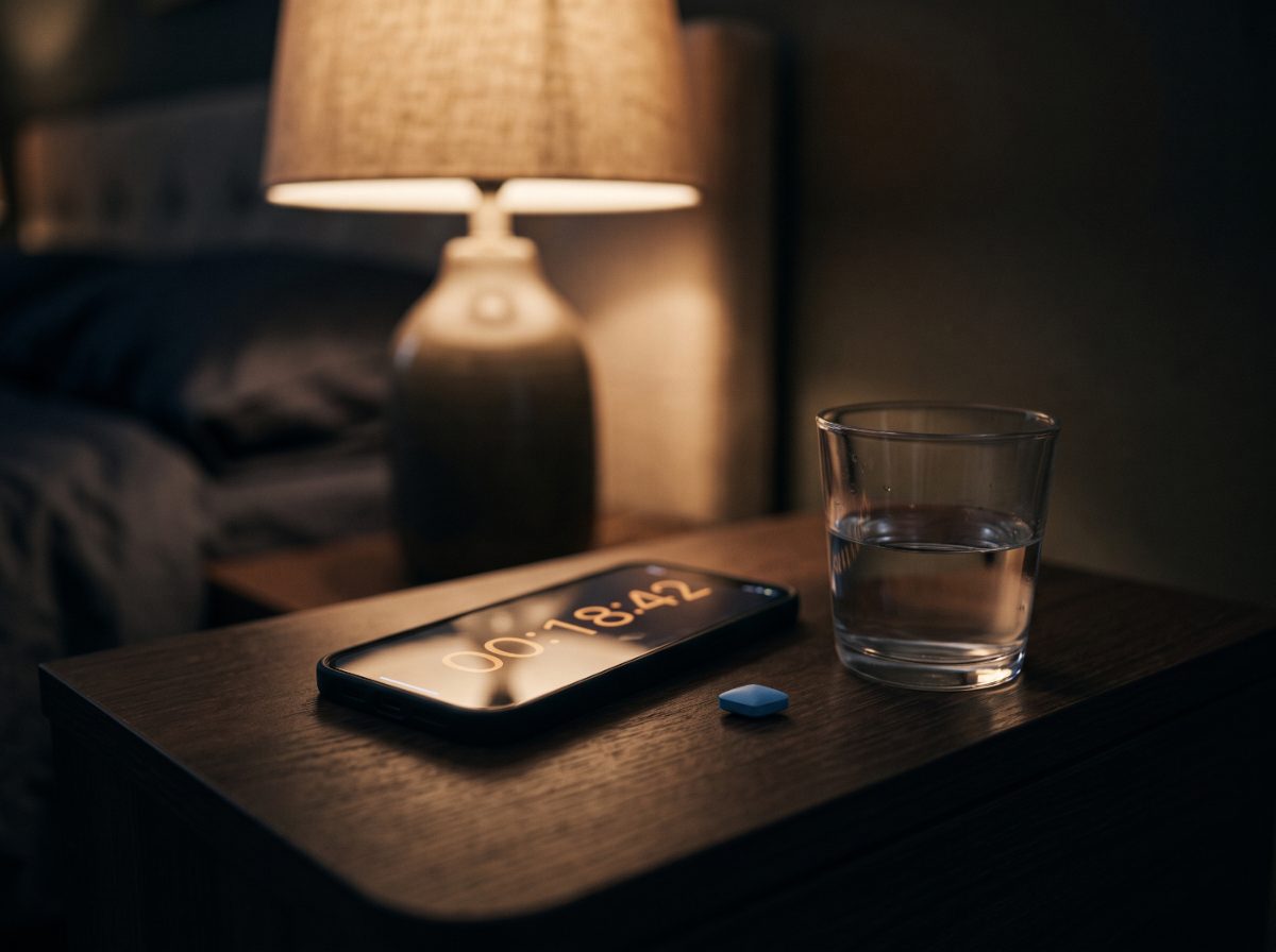 Nightstand at night with a phone timer, a lamp, and a single blue pill