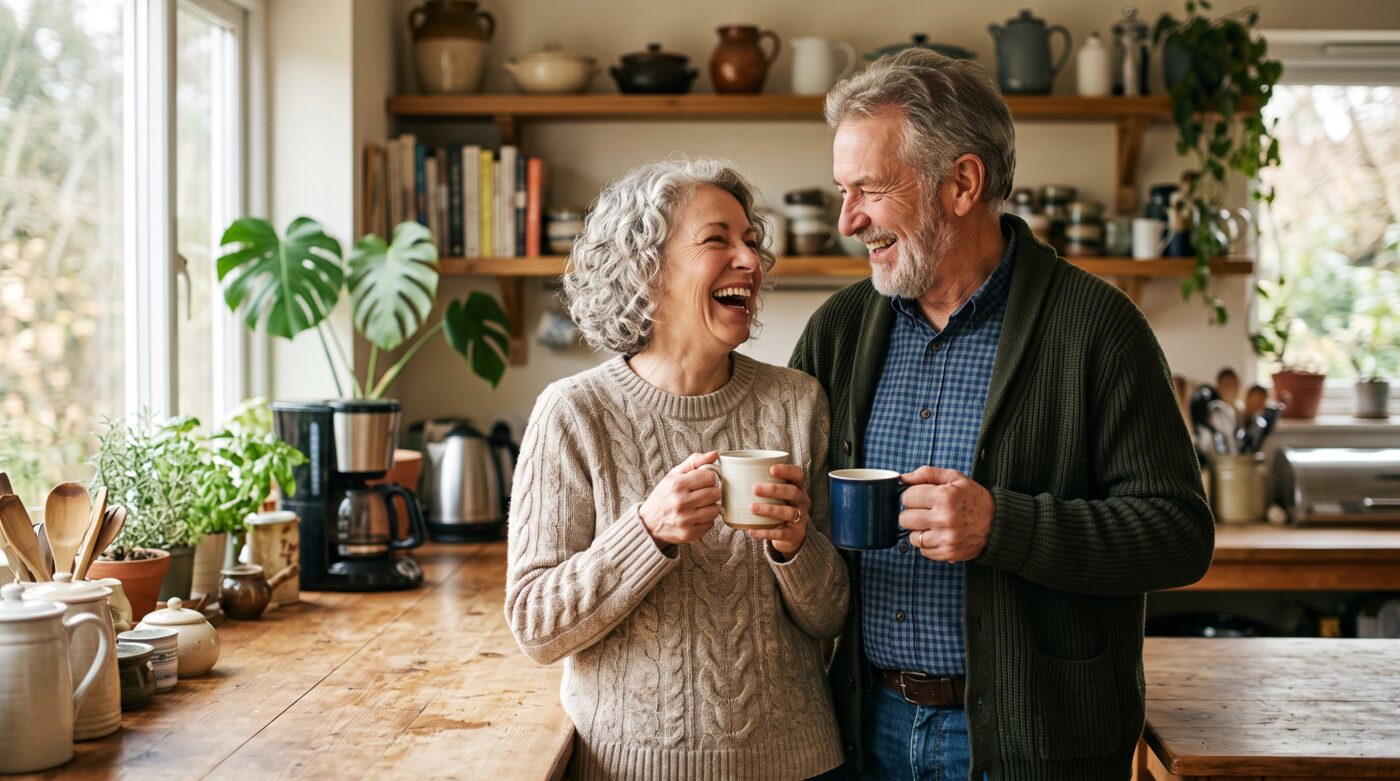 A warm older couple sitting close together at home