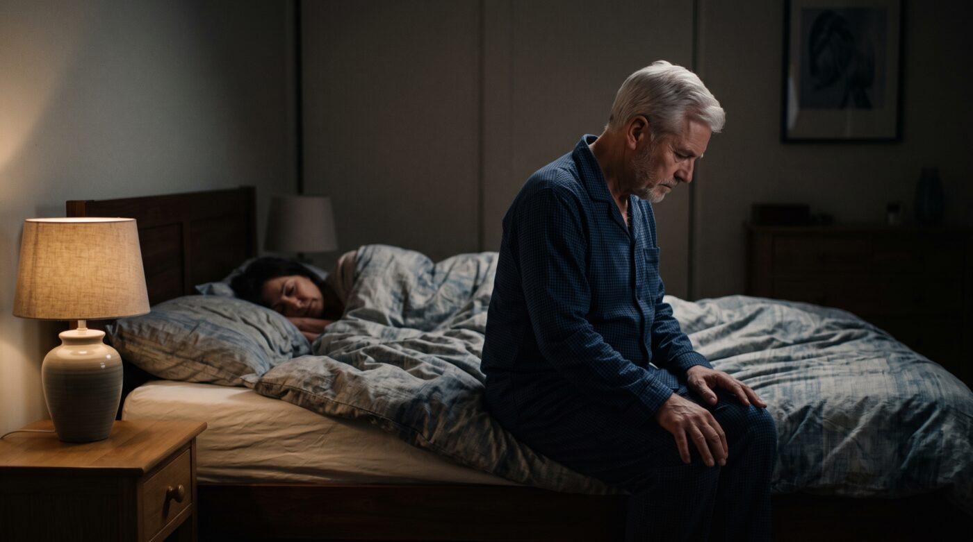 An older man sitting alone on the edge of the bed at night, head lowered, his wife asleep and turned away behind him
