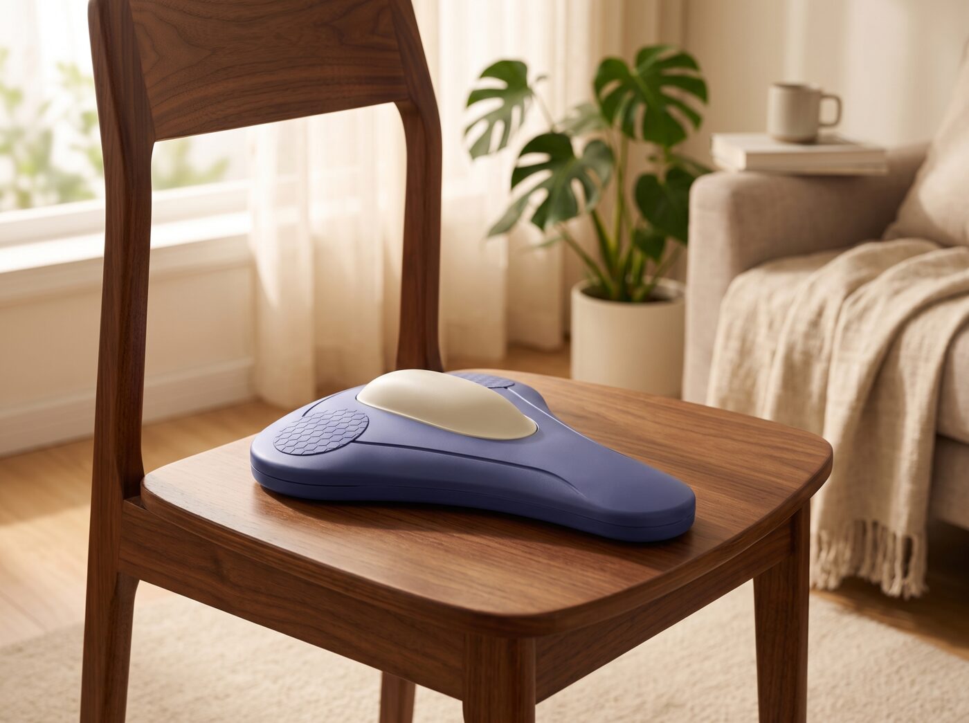 Man sitting fully clothed on a chair using the WoodRise cushion, discreetly