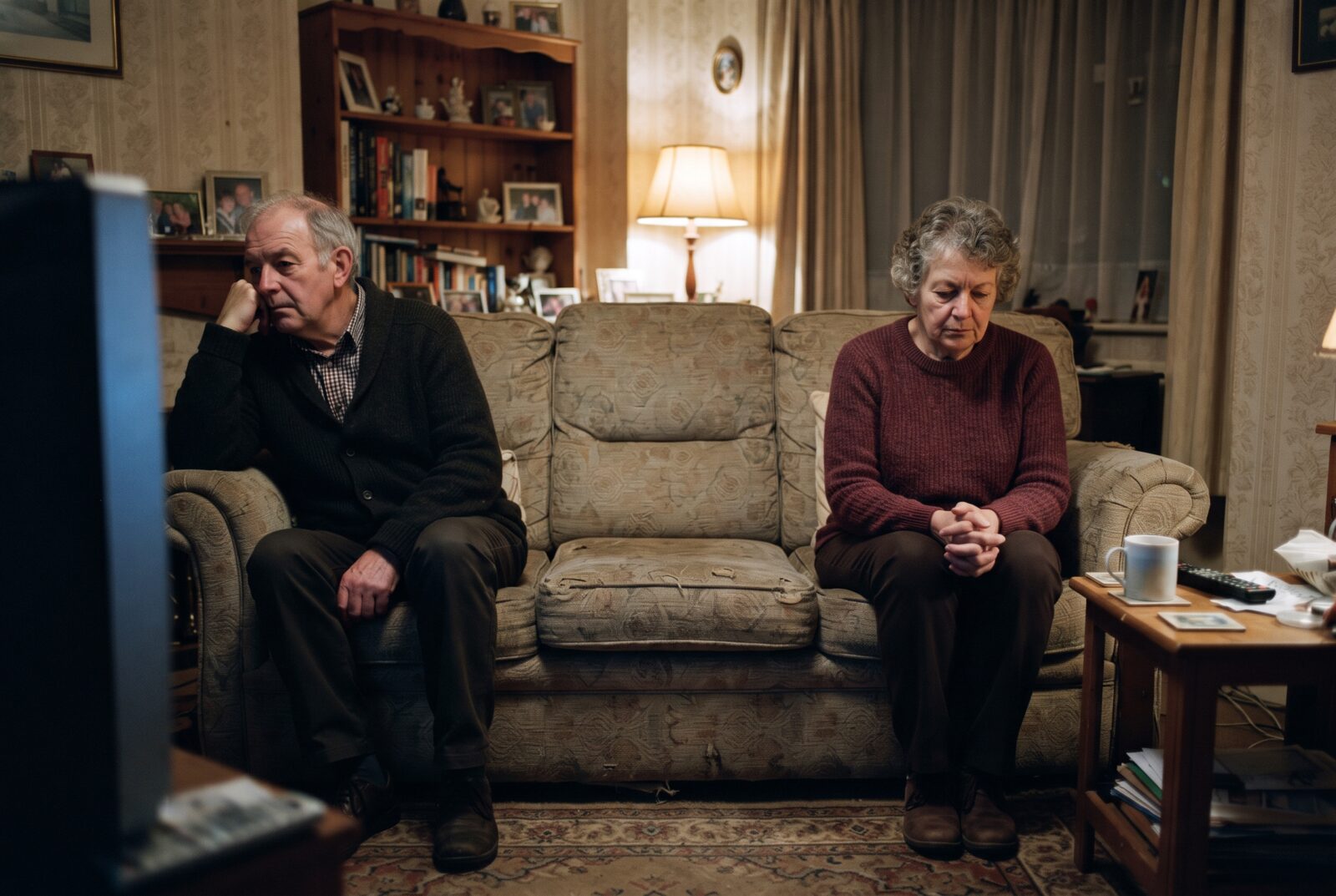 An older married couple sitting at opposite ends of a sofa in the evening, a gap of empty cushion between them, quietly distant