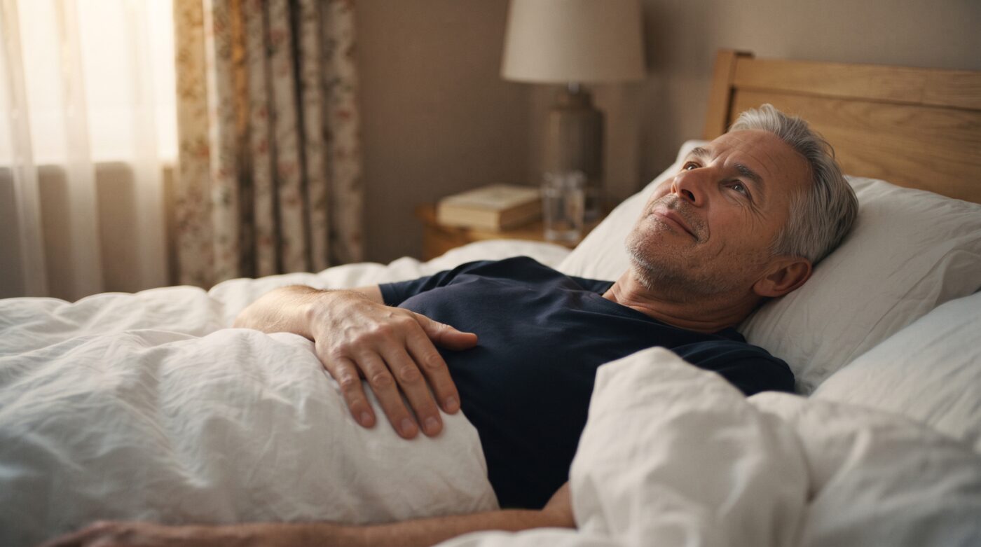 An older man lying awake in bed at dawn, looking up quietly, soft morning light through the curtains