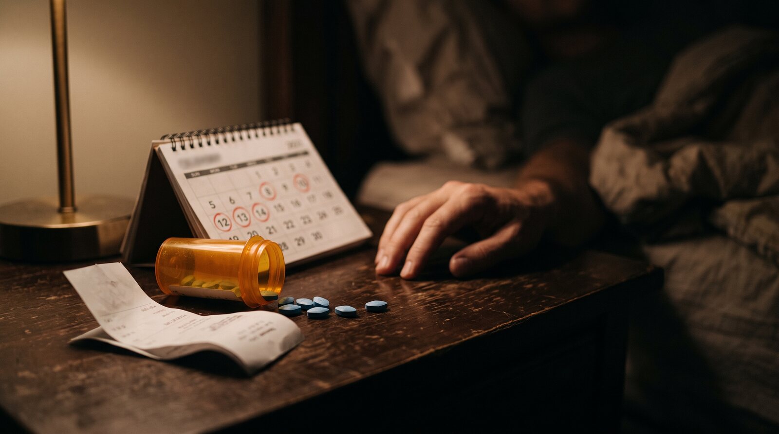A tipped-over prescription pill bottle spilling blue tablets on a dark nightstand beside a calendar with dates circled in red and a pharmacy receipt