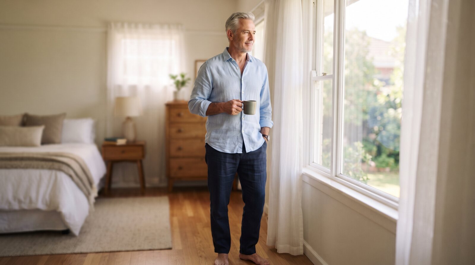 A relaxed older man standing by a sunlit window with a coffee, calm and at ease, no pills in sight